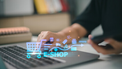 E-Shop, e-commerce add to cart online shopping business technology internet concept.