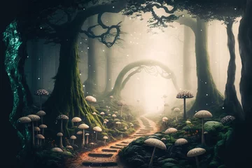 Foto op Aluminium Fantastic dreamlike forest scene with a road, ferns, and mushrooms. White rabbits dart across the trees in the mist. illustration. Generative AI © 2rogan