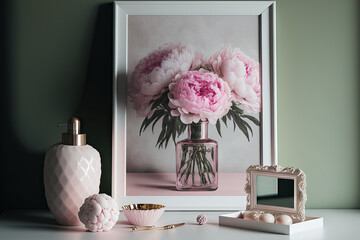Decorated interior of a home. Pink peonies in a vase, a white frame, and a cosmetic set. Generative AI