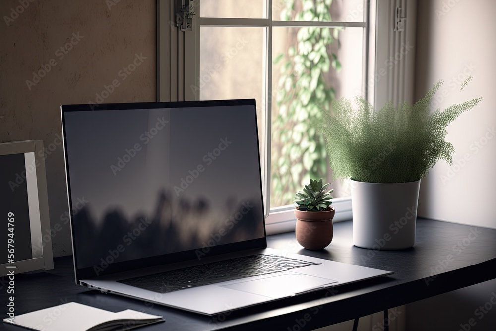 Sticker A laptop with a blank screen is set up on the desktop of a home office. Generative AI