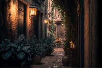 Candlelit Romance At An Alley With A Hidden Speakeasy: An Artistic Beautiful Designer Illustration of a Valentine's Day Romantic Candle Dinner with Love (generative AI)