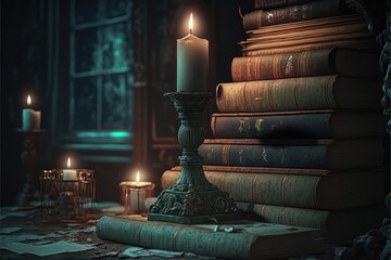 Romantic Candle Dinner At An Old Library Full Of Moldy Books (generative AI)