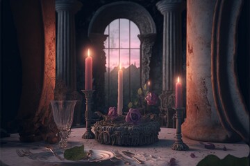 Romantic Candle Dinner At Ancient Foreboding Ruin (generative AI)