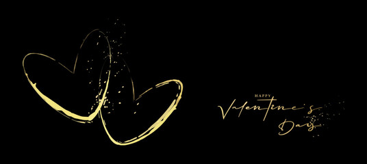 Background for Valentine's Day. Two hearts drawn with a brush, golden on a black background. Design for greeting card, cover, advertising, poster, flyer, invitation
