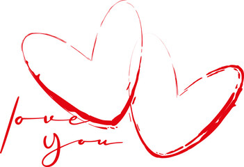 Vector shape of two hearts with a brush and the inscription love you. Red, isolated.