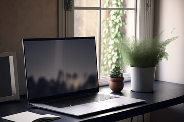 A laptop with a blank screen is set up on the desktop of a home office. Generative AI