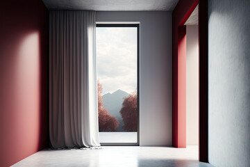 Interior of a tidy room with floor, red concrete wall, and draped window. a mockup. Generative AI
