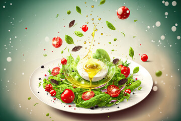 Vegetarian green salad with arugula or rocket leaves, cherry tomatoes, avocado, and Mozzarella cheese levitating or flying on a dish with a few droplets of balsamic vinegar and olive oil. Generative