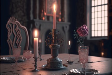 Romantic Candle Dinner At Dark Eerie Castle (generative AI)