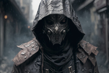 A portrait of a man wearing a dark leather assassin costume and a mask, with a long black cloak, in a Gothic Steampunk style - Generative AI