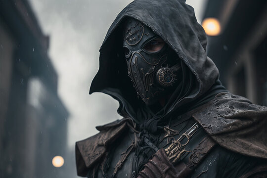 A portrait of a man wearing a dark leather assassin costume and a mask, with a long black cloak, in a Gothic Steampunk style - Generative AI