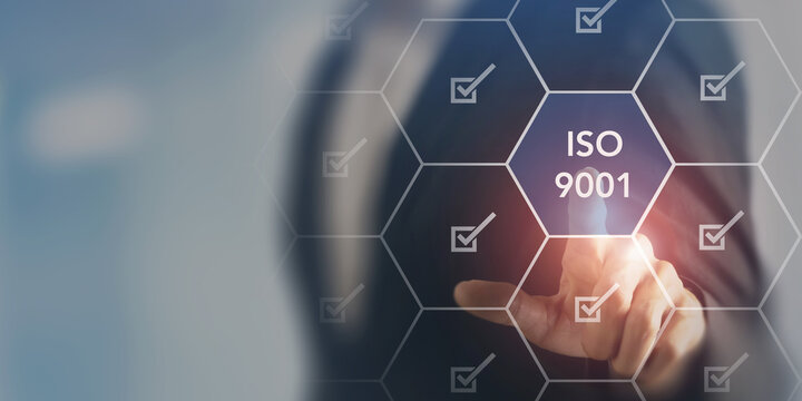 ISO 9001 concept. The international standard, the requirements for a quality management system. Providing products and services quality to customer, regulatory requirements, continual improvement.
