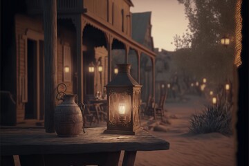 Fototapeta premium Romantic Candle Dinner At Dusty Frontier Town (generative AI)