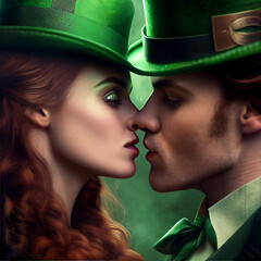 Couple kissing in green hats, green eyeshadow, generative ai