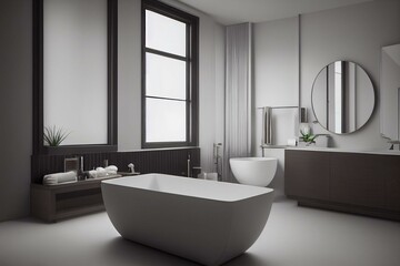 Fototapeta na wymiar Modern bathroom interior mock up with bathtub, sink and mirror, towels and bath accessories, 3d rendering. Generative AI