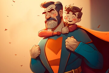 Happy Father's Day. A dad in a superhero costume is holding a hero son Generative AI