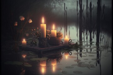 Romantic Candle Dinner At Gloomy Eerie Swamp (generative AI)