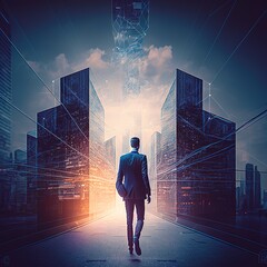 Obraz premium Businessman walking on virtual reality platform to futuristic smart city of opportunity with internet cyber network connection on high building, Generative AI