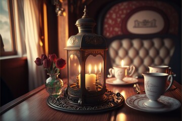 Romantic Candle Dinner At Inside Of A Steam-Powered Train (generative AI)