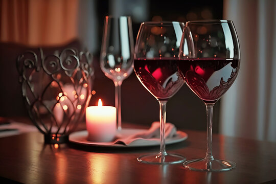 Romantic Dinner two wine glass on the table restaurant, Valentine's day date concept, blurred background, generated by AI