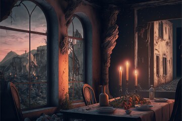 Romantic Candle Dinner At Mysterious Abandoned Town (generative AI)