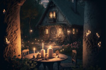 Romantic Candle Dinner At Mysterious Hidden Village (generative AI)