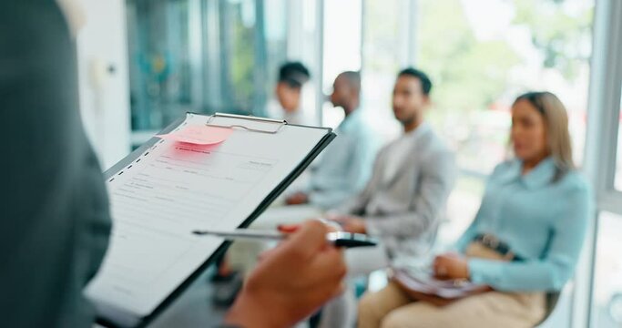 Waiting room, job interview and person call for opportunity, choice or decision with checklist in Human Resources. Selection hand sign, woman success and recruitment people for hiring, cv and resume