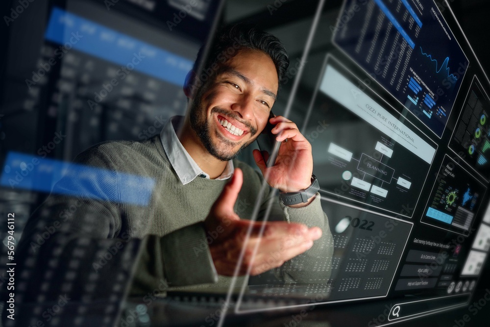 Leinwandbilder Dashboard, stock market overlay or man on a phone call talking about trading data or investment stocks. Hologram, smile or happy trader with digital ui or ux on software for financial growth at night