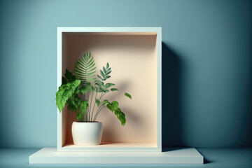 Discreet background with a plant and a wall shadow. Empty display case, stage, and stand for promoting products. Mock up for leisure, health, and exhibition things. Generative AI