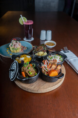 Creole food tray on a restaurant table.