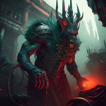 a demonic creature in a dark fogy environment Forging Weapons .generative Ai. 