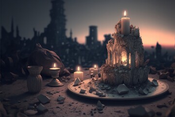 Obraz premium Romantic Candle Dinner At Ruined Cityscape (generative AI)