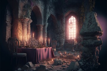 Romantic Candle Dinner At Scavenger'S Den In The Ruins (generative AI)