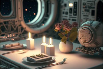 Obraz na płótnie Canvas Romantic Candle Dinner At Space Station (generative AI)