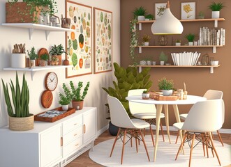 In a natural dining area with white chairs, plants, and wooden shelves, there is a pouf and a brown rug close to a white cupboard. Generative AI