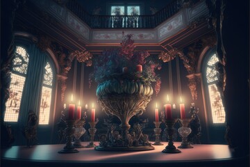 Romantic Candle Dinner At Spellbinding Surreal Palace (generative AI)