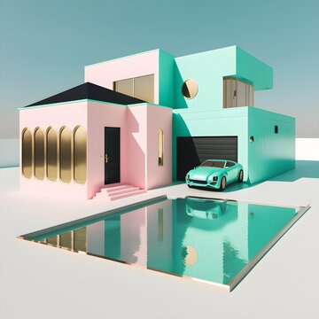 Barbie Expensive Minimalistic House Model With A Gold Car In The Driveway And Swimming Pool High End Architecture Sea Green And Pink Colors3d Perspective Extreme Detail Sharp Lens Black Color 