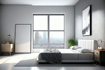 Modern bedroom interior with furniture, a whiteboard that is empty, a view of the city, and daylight. frontal, mocking,. Generative AI