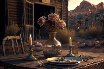 Romantic Candle Dinner At Abandoned Gold Rush Town (generative AI)
