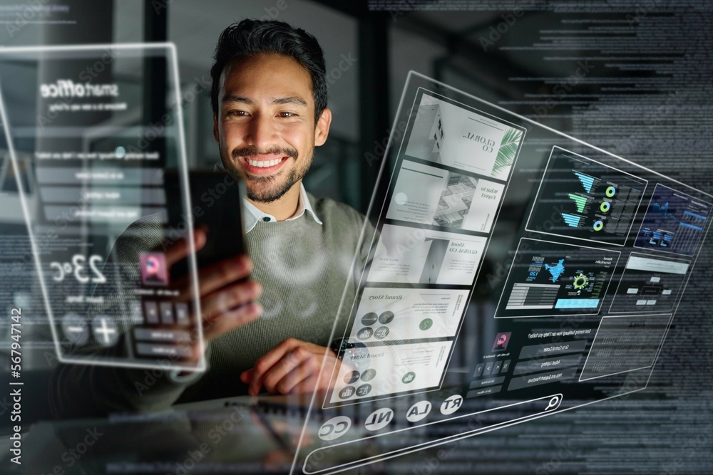 Aufkleber phone, hologram or man on trading dashboard with a happy smile for financial investments or stocks o