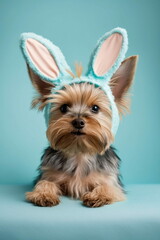 Yorkshire Terrier Easter Dog with. pastel easter bunny ears cute portrait