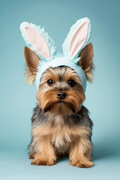 Yorkshire Terrier Easter Dog with. pastel easter bunny ears cute close