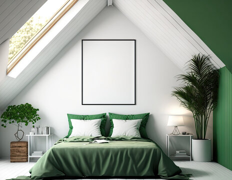Interior of an attic bedroom with a double bed, a green cover over it, a vertically framed poster, and roof windows. an angle. a mockup. Generative AI