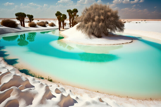 Desert lake with natural salt water. Egyptian oasis at Siwa. Egyptian tourist destination turquoise ocean and white salt up close. Generative AI
