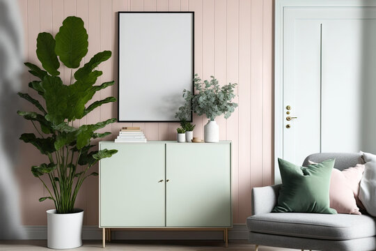 a fake blank board with a frame hanging in the living room, a Scandinavian environment decorated in pastel hues,. Generative AI