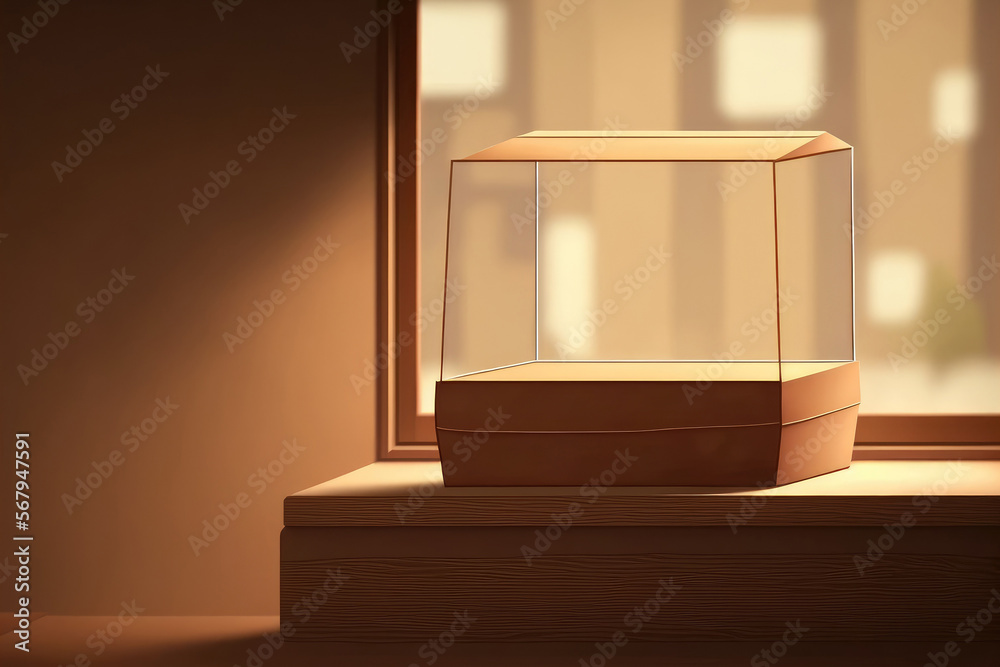 Canvas Prints a brown product display podium with a background of window light is in the room. generative ai