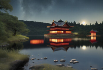 Obraz premium The cherry blossom and template under night sky