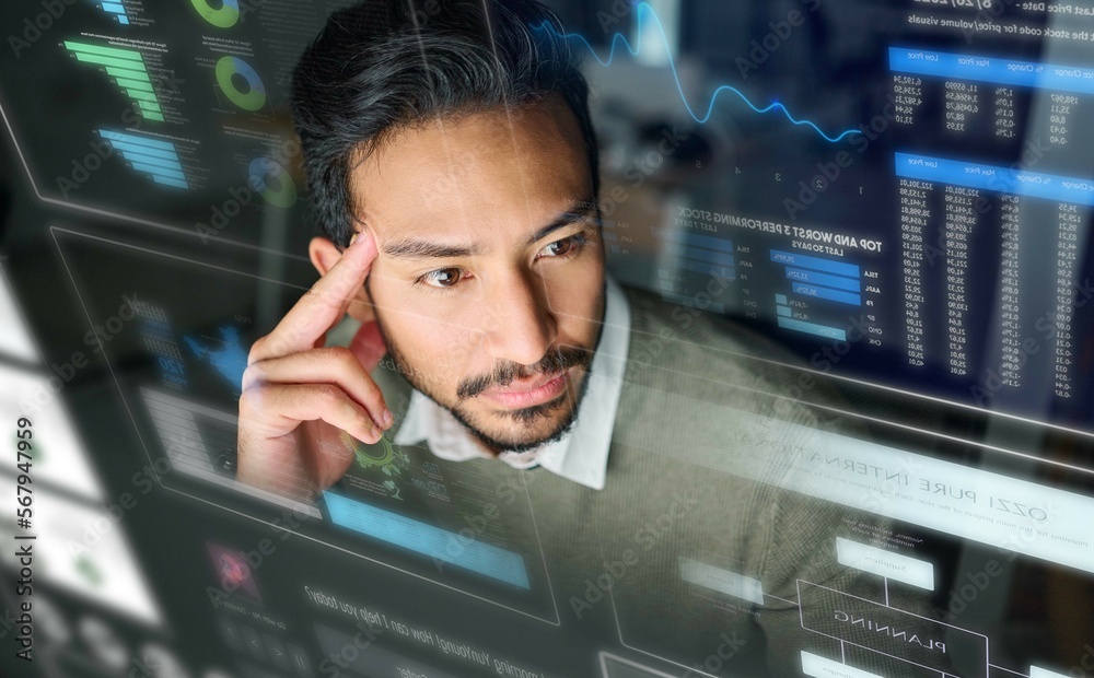 Poster dashboard, stock market screen or man thinking of trading data, investment strategy or stocks analyt
