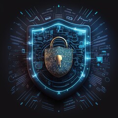 Digital padlock icon, a cyber security network, and data protection technologies. To protect against cybercrime, online internet access must be approved, generative ai