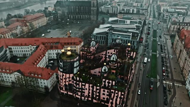 Aerial view of the Green Citadel (Gr&uuml;ne Zitadelle) by Friedensreich Hundertwassers in Magdeburg city, Saxony-Anhalt, Germany .